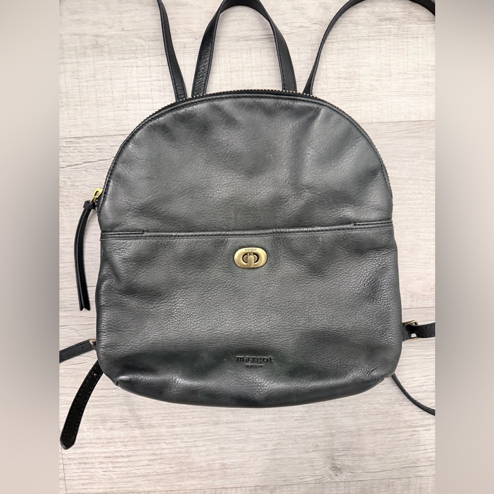 Margot New York Black Leather Backpack Mini Bag Gold Hardware